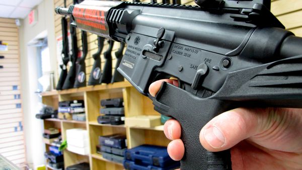 Funcionário de loja de armas em Raleigh, na Carolina do Norte, Estados Unidos, empunha arma em 1º de fevereiro de 2013 - Sputnik Brasil