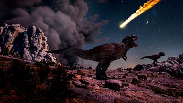 Renderização 3D ilustra dinossauros observam o impacto de um asteroide - Sputnik Brasil