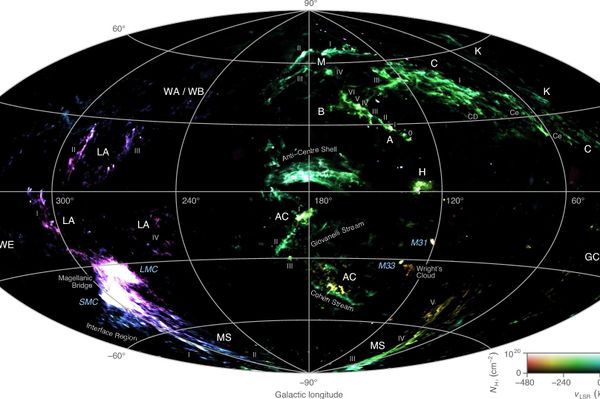 Este mapa em cores artificiais mostra todo o céu, exibindo gás que se move em alta velocidade. A imagem usa a projeção Hammer–Aitoff, um modo de achatar a esfera celeste, e está em coordenadas da Via Láctea, com o centro galáctico no meio. O brilho indica quanta matéria existe no gás (a quantidade de hidrogênio), enquanto a cor mostra a velocidade com que esse gás está se aproximando ou se afastando - Sputnik Brasil