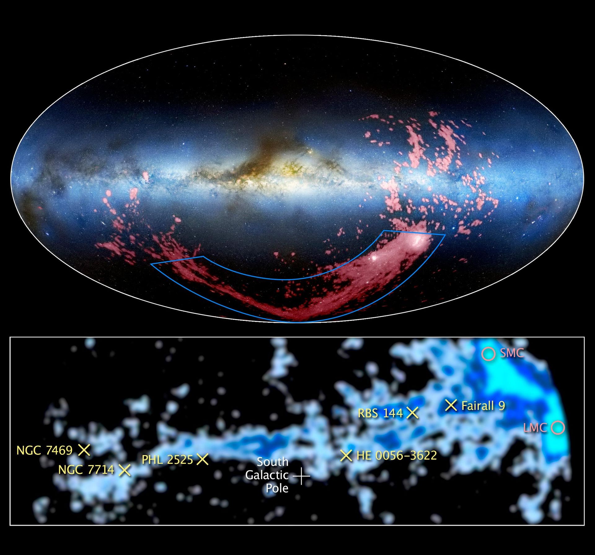 Estas imagens mostram visões amplas e aproximadas de uma longa faixa de gás chamada Corrente de Magalhães Estas imagens mostram visões amplas e aproximadas de uma longa faixa de gás chamada Corrente de Magalhães