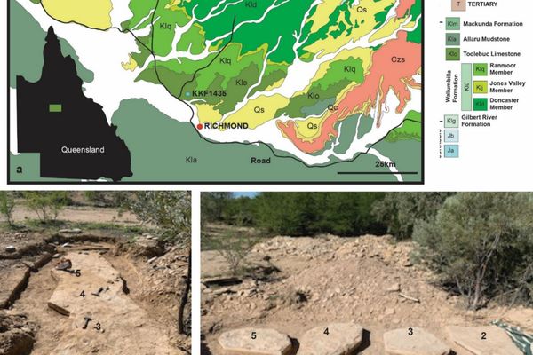 Fig. 1. Geologia superficial da área onde KK F1435 foi descoberto. (a) Silhueta em preto de Queensland, Austrália, indicando as unidades geológicas e a região da descoberta (Geoscience Australia 2021). (b) Laje de rocha contendo os blocos 2–5 antes de serem separados para transporte. (c) Lajes seccionadas 2–4 in situ Fig. 1. Geologia superficial da área onde KK F1435 foi descoberto. (a) Silhueta em preto de Queensland, Austrália, indicando as unidades geológicas e a região da descoberta (Geoscience Australia 2021). (b) Laje de rocha contendo os blocos 2–5 antes de serem separados para transporte. (c) Lajes seccionadas 2–4 in situ - Sputnik Brasil