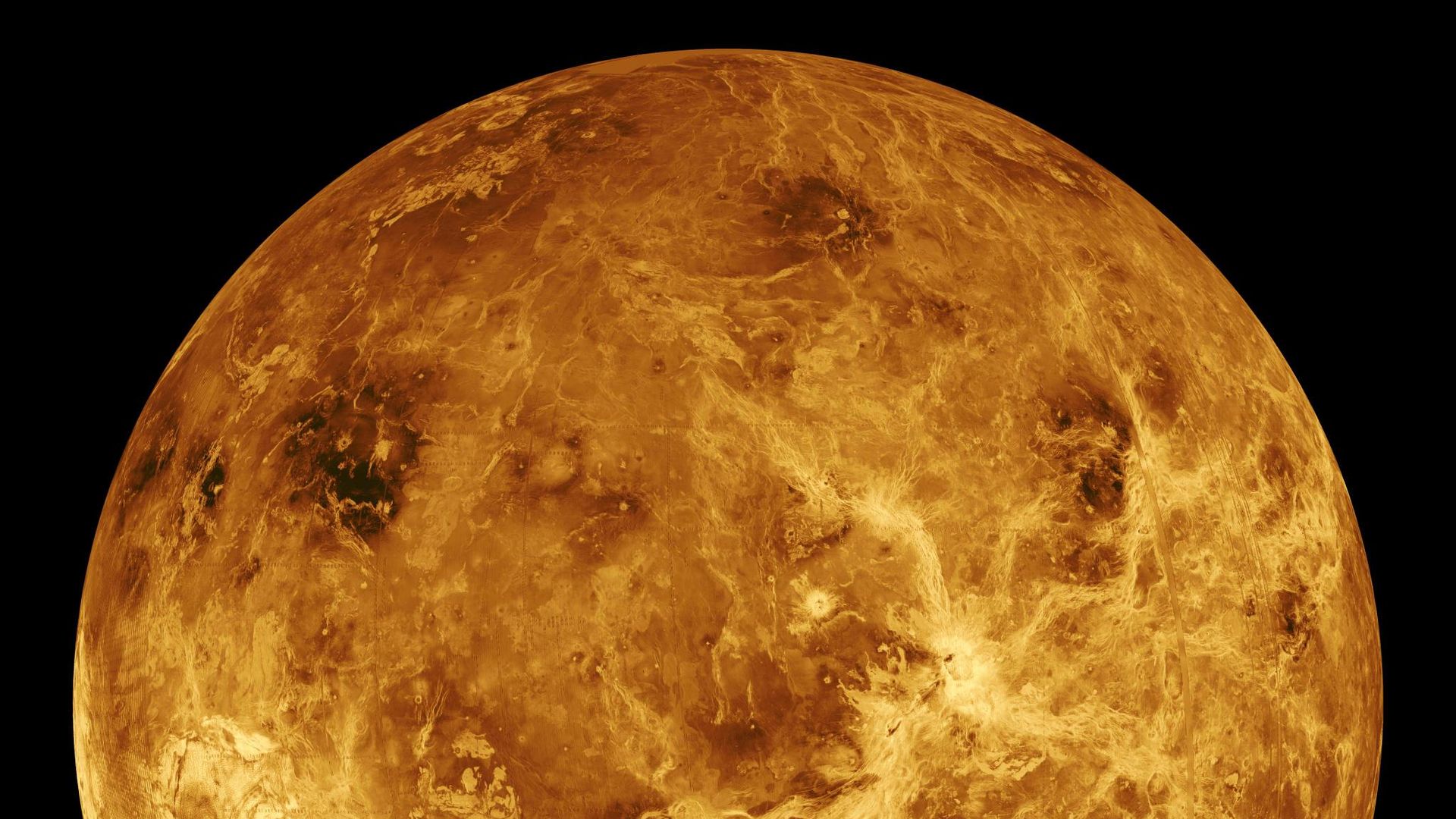 Esta visão global da superfície de Vênus está centrada a 180 graus de longitude leste. Mosaicos de radar de abertura sintética da missão Magellan, provenientes do primeiro ciclo de mapeamento, foram sobrepostos a um globo simulado por computador para criar esta imagem Esta visão global da superfície de Vênus está centrada a 180 graus de longitude leste. Mosaicos de radar de abertura sintética da missão Magellan, provenientes do primeiro ciclo de mapeamento, foram sobrepostos a um globo simulado por computador para criar esta imagem - Sputnik Brasil, 1920, 02.08.2026