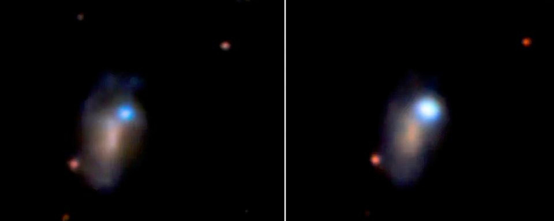 Uma imagem de uma galáxia a 500 milhões de anos-luz capturada pela Câmera de Energia Escura (DECam, na sigla em inglês), instalada no telescópio NSF Víctor M. Blanco de quatro metros, no Chile, 9 de março de 2026 (E); e uma imagem da mesma galáxia, já contendo a supernova SN 2026gzf, registrada pela mesma câmera, 3 de abril de 2026 - Sputnik Brasil, 1920, 06.08.2026