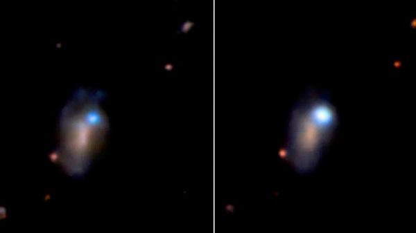 Uma imagem de uma galáxia a 500 milhões de anos-luz capturada pela Câmera de Energia Escura (DECam, na sigla em inglês), instalada no telescópio NSF Víctor M. Blanco de quatro metros, no Chile, 9 de março de 2026 (E); e uma imagem da mesma galáxia, já contendo a supernova SN 2026gzf, registrada pela mesma câmera, 3 de abril de 2026 - Sputnik Brasil