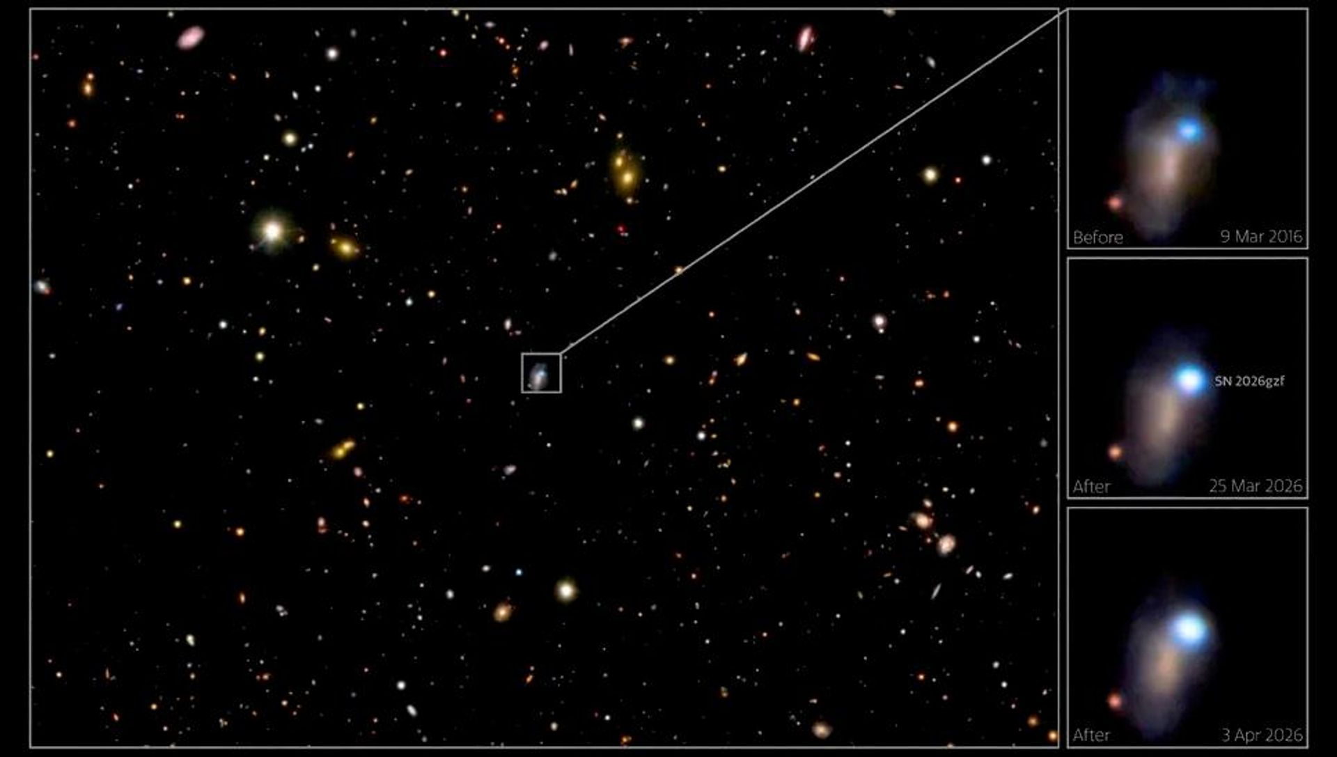 Uma imagem ampliada da região do espaço que contém a galáxia onde está localizada a supernova SN 2026gz, capturada pela câmera do LSST no Observatório Vera C. Rubin Uma imagem ampliada da região do espaço que contém a galáxia onde está localizada a supernova SN 2026gz, capturada pela câmera do LSST no Observatório Vera C. Rubin