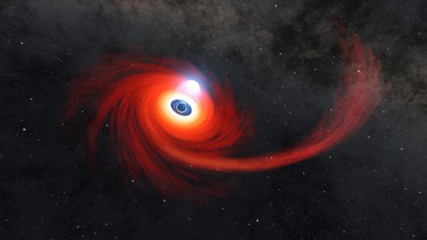 Nesta ilustração de 20 de dezembro de 2022, um disco de gás quente gira em torno de um buraco negro. À direita, um longo fluxo de gás quente, proveniente de uma estrela que foi despedaçada pelo buraco negro, alimenta o disco - Sputnik Brasil