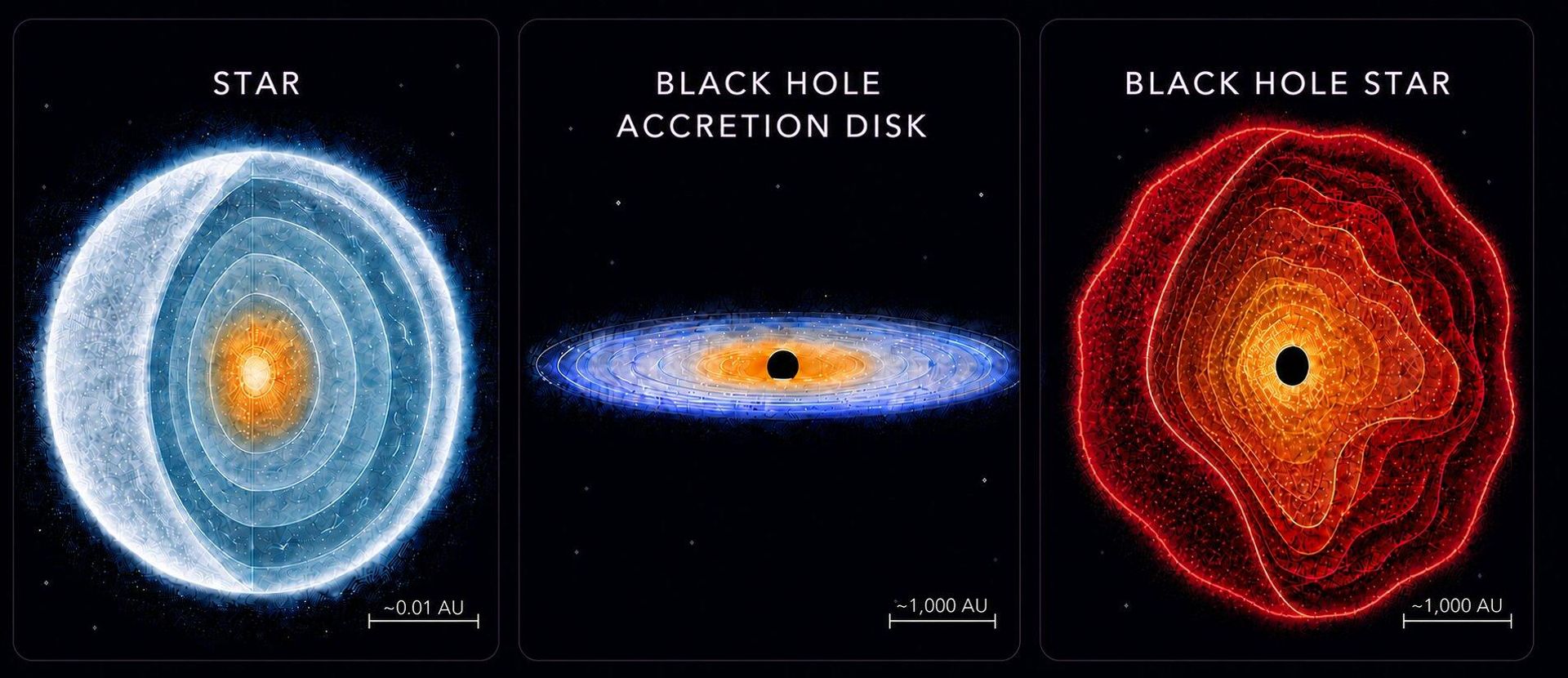 Estrelas como o nosso Sol (E) podem ser consideradas como uma densa bola de gás alimentada por fusão nuclear. Buracos negros (C) geralmente crescem consumindo matéria através de discos de acreção em forma de panqueca. Estrelas com buracos negros (D) representam um novo tipo de objeto astrofísico — buracos negros envoltos em gás denso, de forma que irradiam como estrelas. O denso envelope de gás confere ao buraco negro suas características estelares. Estrelas com buracos negros são mais de 100.000 vezes maiores que o Sol, mas têm um tamanho semelhante ao dos discos de acreção de buracos negros Estrelas como o nosso Sol (E) podem ser consideradas como uma densa bola de gás alimentada por fusão nuclear. Buracos negros (C) geralmente crescem consumindo matéria através de discos de acreção em forma de panqueca. Estrelas com buracos negros (D) representam um novo tipo de objeto astrofísico — buracos negros envoltos em gás denso, de forma que irradiam como estrelas. O denso envelope de gás confere ao buraco negro suas características estelares. Estrelas com buracos negros são mais de 100.000 vezes maiores que o Sol, mas têm um tamanho semelhante ao dos discos de acreção de buracos negros - Sputnik Brasil, 1920, 13.08.2026
