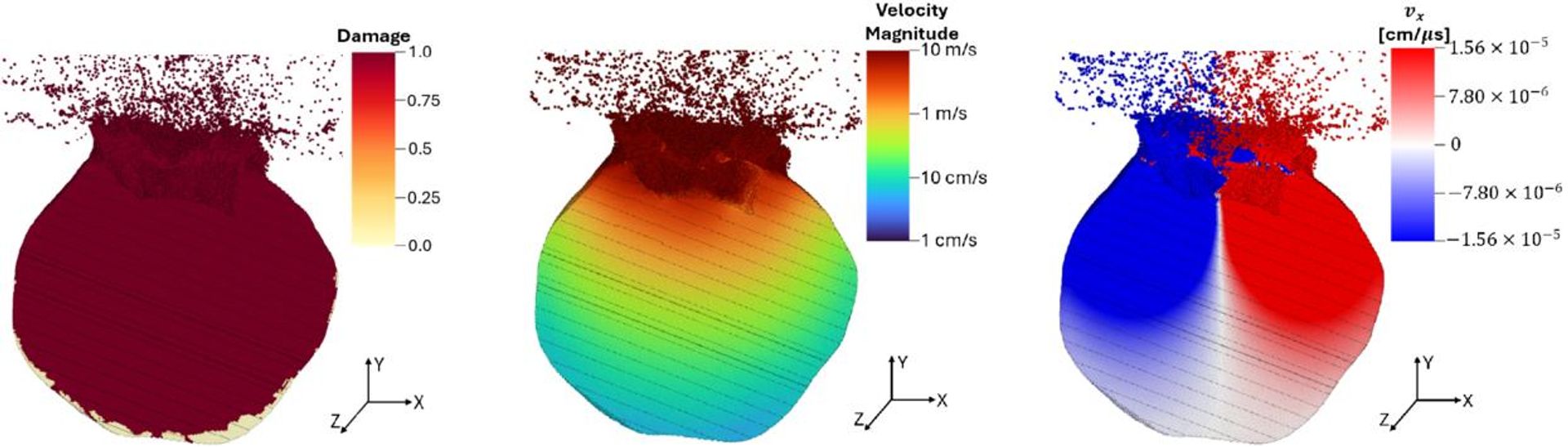 Uma simulação mostrando os danos (E) e o movimento do material do asteroide 145 milissegundos após a detonação nuclear. O material em lados opostos da rocha está se movendo em direções opostas (D), sugerindo que o asteroide está se fragmentando Uma simulação mostrando os danos (E) e o movimento do material do asteroide 145 milissegundos após a detonação nuclear. O material em lados opostos da rocha está se movendo em direções opostas (D), sugerindo que o asteroide está se fragmentando - Sputnik Brasil, 1920, 18.08.2026