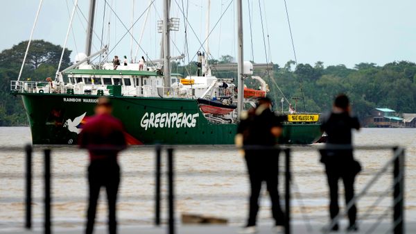 Um navio do Greenpeace chega à costa do Brasil durante a COP30, em Belém, no Pará. Brasil, 5 de novembro de 2025 - Sputnik Brasil