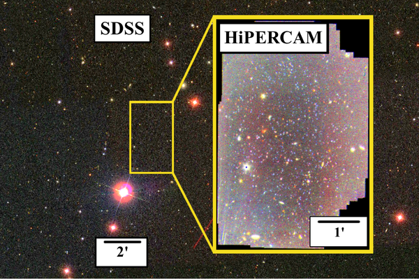 A imagem do Levantamento Digital Sloan do Céu (SDSS, na sigla em inglês) é mostrada com uma imagem ultraprofunda ampliada do HiPERCAM centrada em Nuvem 9. A luz dispersa da estrela brilhante HD 111859, localizada logo fora do campo de visão do instrumento no canto inferior esquerdo, afeta o canto inferior esquerdo da imagem ultraprofunda. Nenhuma emissão estelar foi detectada na localização de Nuvem 9 - Sputnik Brasil