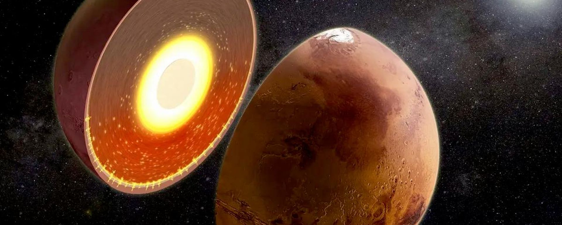 Uma seção transversal de Marte, mostrando o interior mais quente do hemisfério sul - Sputnik Brasil, 1920, 02.09.2026