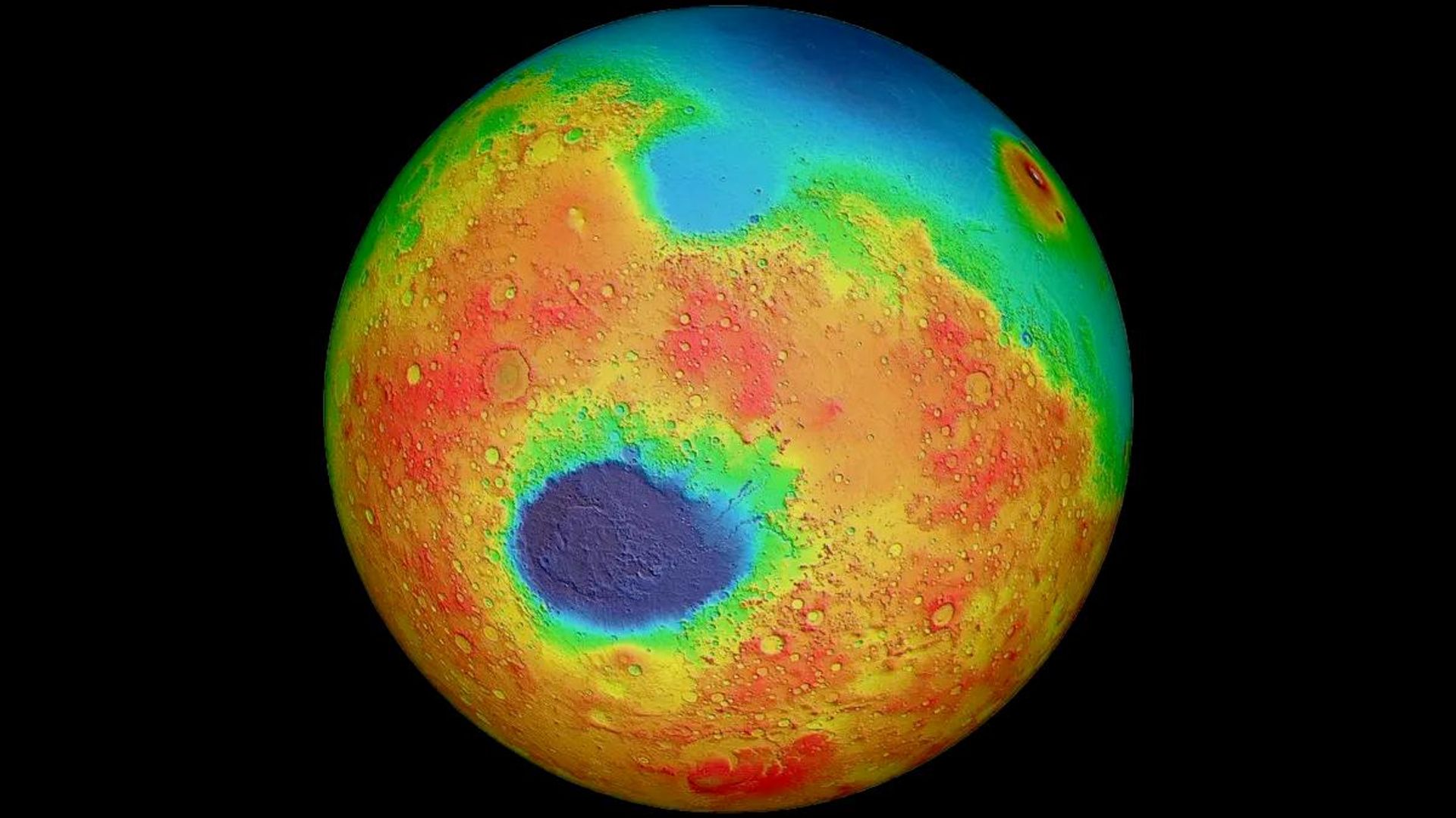 Um mapa em cores falsas da superfície de Marte mostrando a Bacia de Hellas