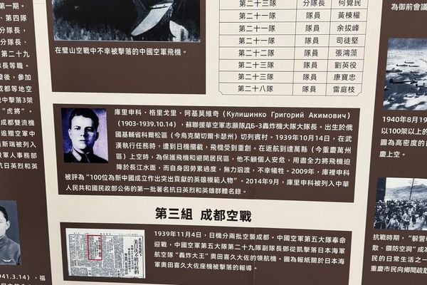 Batalhas Aéreas de Chengdu e Bishan: Exposição detalha o violento combate de 13 de setembro de 1940 em Bishan, onde a Força Aérea Chinesa sofreu pesadas baixas contra os novos caças Zero japoneses. O painel traz a lista oficial dos pilotos chineses mortos em combate e homenageia o comandante soviético Grigory Kulishenko, que faleceu após guiar seu bombardeiro danificado para longe de áreas civis. - Sputnik Brasil