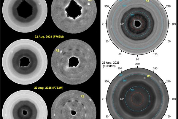 Projeções polares de Saturno de 40°S a 90°S a partir de imagens do Telescópio Espacial Hubble Projeções polares de Saturno de 40°S a 90°S a partir de imagens do Telescópio Espacial Hubble - Sputnik Brasil