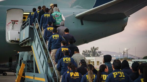 Migrantes irregulares en Chile siendo deportados en un vuelo, escoltados por efectivos de la Policía de Investigaciones (PDI) en abril de 2026 - Sputnik Brasil