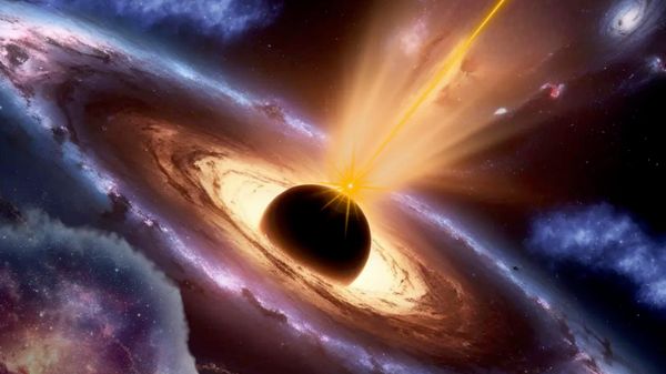 Uma ilustração de um buraco negro supermassivo expelindo um jato de plasma - Sputnik Brasil