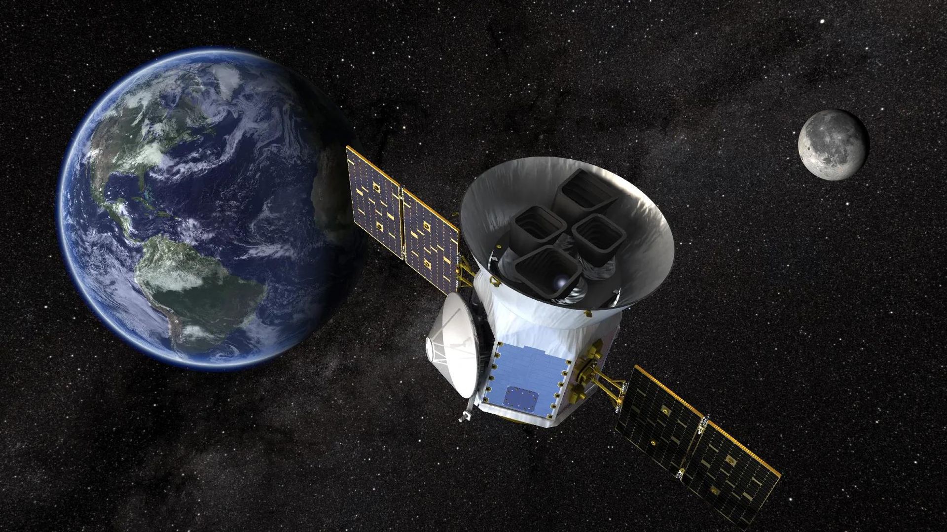 O satélite TESS da NASA, responsável por identificar exoplanetas nas proximidades do nosso sistema solar. O satélite TESS da NASA, responsável por identificar exoplanetas nas proximidades do nosso sistema solar.
