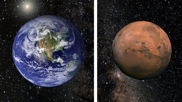 Uma ilustração da Terra (E) e de Marte (D), planetas vizinhos e terrestres, mas com estruturas diferentes - Sputnik Brasil