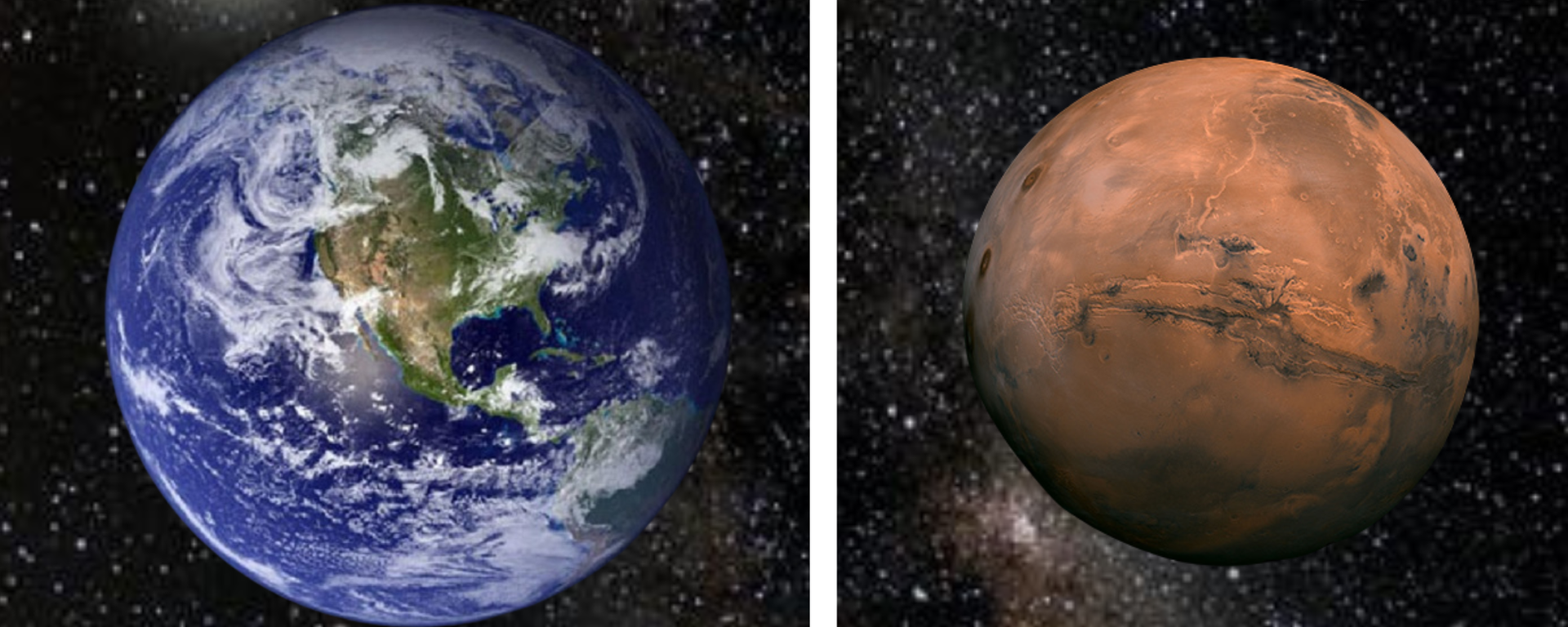 Uma ilustração da Terra (E) e de Marte (D), planetas vizinhos e terrestres, mas com estruturas diferentes Uma ilustração da Terra (E) e de Marte (D), planetas vizinhos e terrestres, mas com estruturas diferentes - Sputnik Brasil, 1920, 07.10.2026