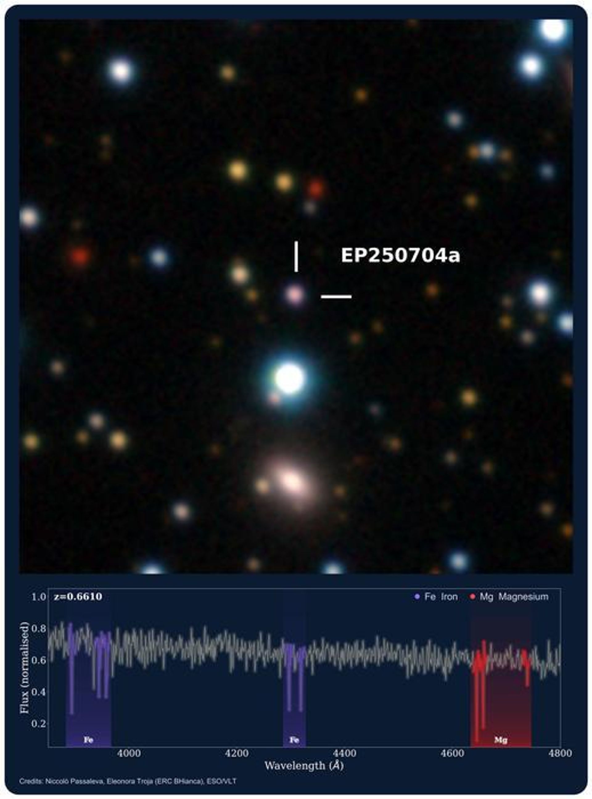 O brilho intenso de EP250704a está indicado por linhas brancas nesta imagem em cores falsas obtida pelo VLT do ESO (painel superior). Seu espectro, registrado com o instrumento X-shooter (painel inferior), apresenta características de absorção associadas ao ferro (roxo) e ao magnésio (vermelho) O brilho intenso de EP250704a está indicado por linhas brancas nesta imagem em cores falsas obtida pelo VLT do ESO (painel superior). Seu espectro, registrado com o instrumento X-shooter (painel inferior), apresenta características de absorção associadas ao ferro (roxo) e ao magnésio (vermelho) - Sputnik Brasil, 1920, 10.10.2026