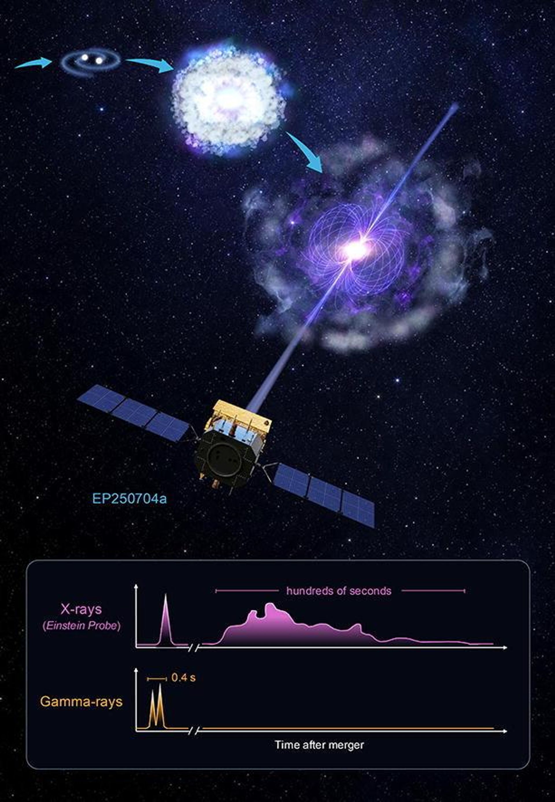 Representação artística do satélite Einstein Probe observando a emissão prolongada de raios-X moles proveniente da fusão de um sistema binário de estrelas de nêutrons e do remanescente resultante dessa fusão. O detalhe ilustra uma comparação esquemática da duração da emissão do surto detectada em raios-X e raios gama Representação artística do satélite Einstein Probe observando a emissão prolongada de raios-X moles proveniente da fusão de um sistema binário de estrelas de nêutrons e do remanescente resultante dessa fusão. O detalhe ilustra uma comparação esquemática da duração da emissão do surto detectada em raios-X e raios gama - Sputnik Brasil, 1920, 10.10.2026