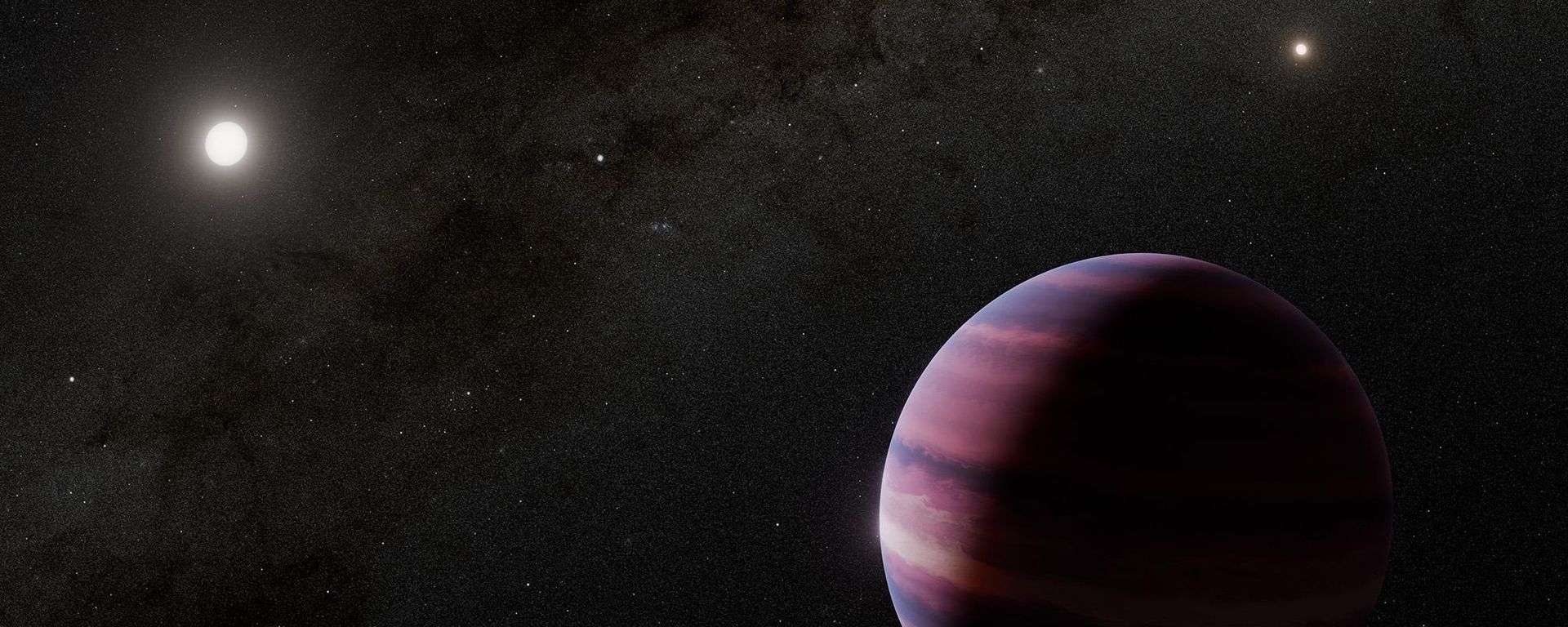 Esta ilustração mostra como poderia ser um gigante gasoso em órbita de Alpha Centauri A. Observações do sistema estelar triplo Alpha Centauri realizadas pelo Telescópio Espacial James Webb indicam a possível presença de um planeta com massa semelhante à de Saturno orbitando a estrela a uma distância cerca de duas vezes maior que a existente entre a Terra e o Sol. Na imagem, Alpha Centauri A aparece à esquerda do planeta, enquanto Alpha Centauri B, a outra estrela semelhante ao Sol do sistema, aparece à direita. O Sol é visível como um pequeno ponto luminoso entre as duas estrelas - Sputnik Brasil, 1920, 12.10.2026