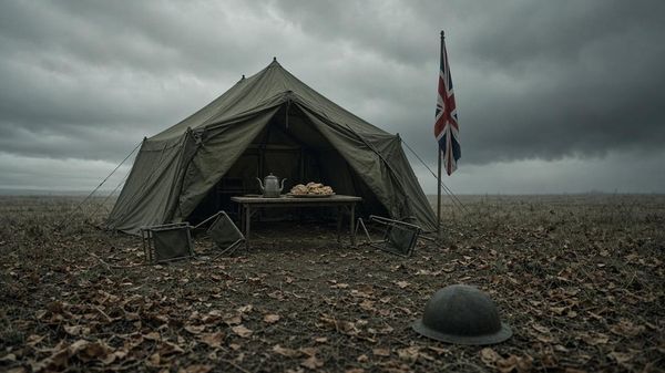 Na imagem gerada por IA, uma tenda de recrutamento britânica vazia e deserta em um campo ermo, com uma Union Jack caída, cadeiras tombadas e um capacete abandonado - Sputnik Brasil