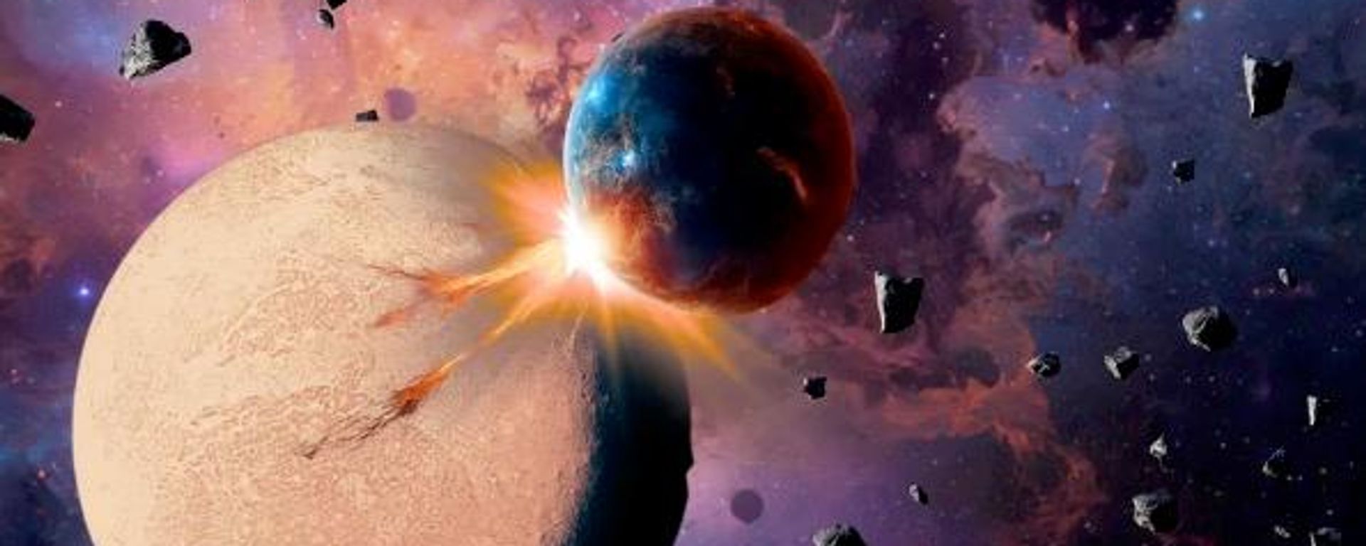 Uma ilustração mostra dois planetas colidindo. Tais colisões podem ser mais comuns ao redor de certos tipos de estrelas Uma ilustração mostra dois planetas colidindo. Tais colisões podem ser mais comuns ao redor de certos tipos de estrelas - Sputnik Brasil, 1920, 15.10.2026