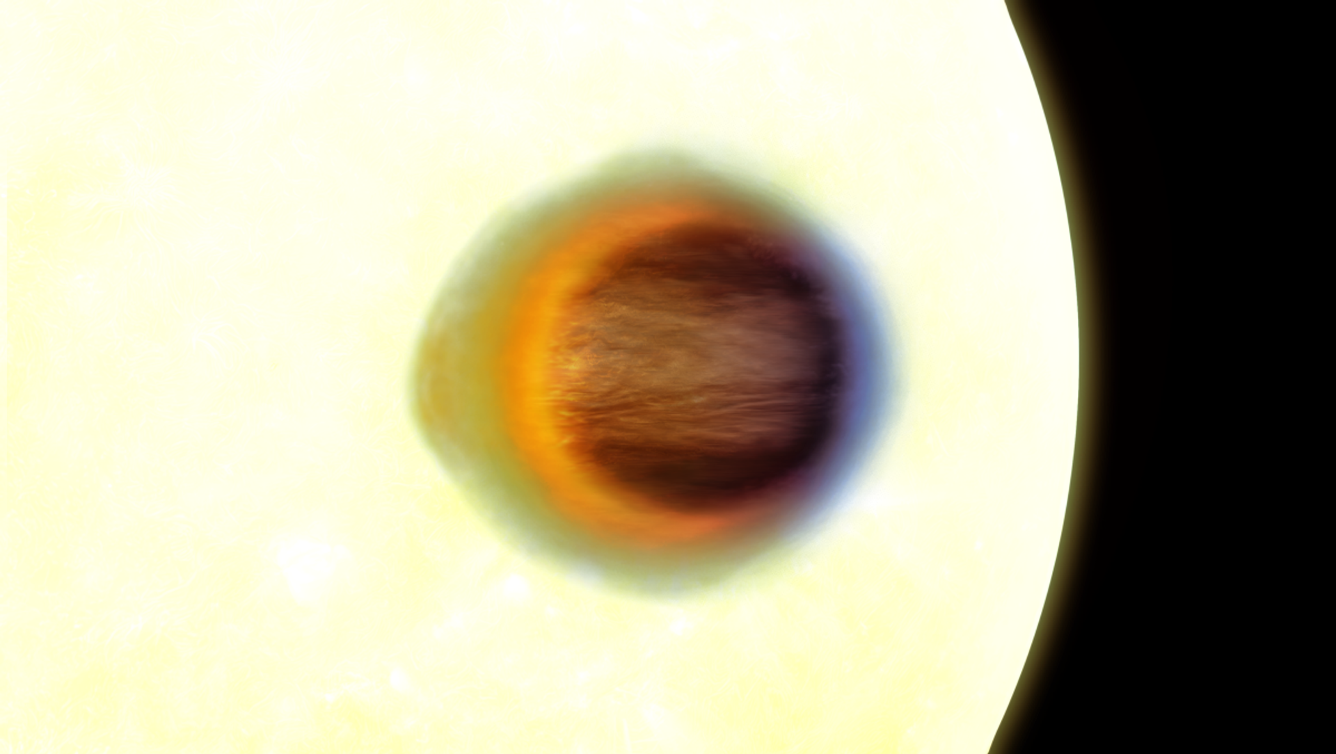 O WASP-17b transita diante de sua estrela, revelando a configuração de sua atmosfera absorvente por meio de observações do JWST. O lado avermelhado, quente e estendido, consiste em gás transportado a partir do hemisfério permanentemente irradiado — o lado diurno — passando pelo limbo vespertino do planeta; já o lado azulado, mais frio, apresenta uma extensão menor, uma vez que o gás se resfriou ao atravessar o hemisfério noturno e está sendo transportado pelo limbo matutino do planeta - Sputnik Brasil, 1920, 17.10.2026