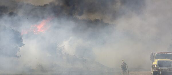A firefighter is dwarfed by a burning mountain at the 6,500 acre Border Fire in eastern San Diego County, California, in the late afternoon on June 22, 2016. - Sputnik Brasil