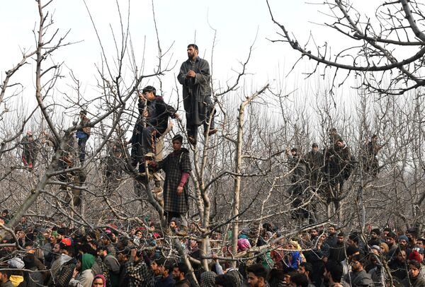 Residentes de uma aldeia na Caxemira (região dividida entre a Índia, o Paquistão e a China) assistem ao funeral do militante Tanveer Ahmed, em 19 de dezembro de 2017 - Sputnik Brasil