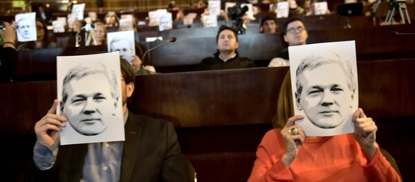 People attend a video conference of WikiLeaks founder Julian Assange at the International Center for Advanced Communication Studies for Latin America (CIESPAL) auditorium in Quito on June 23, 2016. - Sputnik Brasil