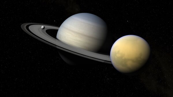 Saturno e seus satélites Titã e Encélado - Sputnik Brasil