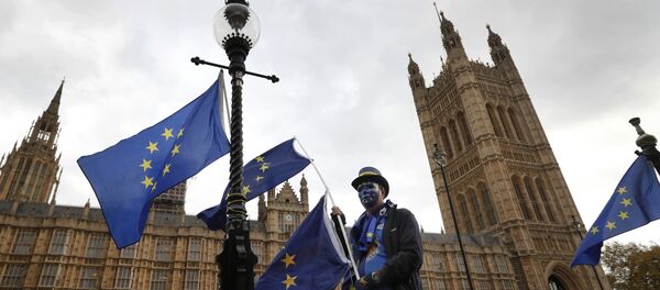 An anti-Brexit, pro European Union campaigner holds a EU flag, near Parliament in London, Wednesday, Nov. 22, 2017. Britain's Treasury chief has little room to maneuver Wednesday as he reveals his spending plans to a nation bracing for the shock of Brexit. - Sputnik Brasil
