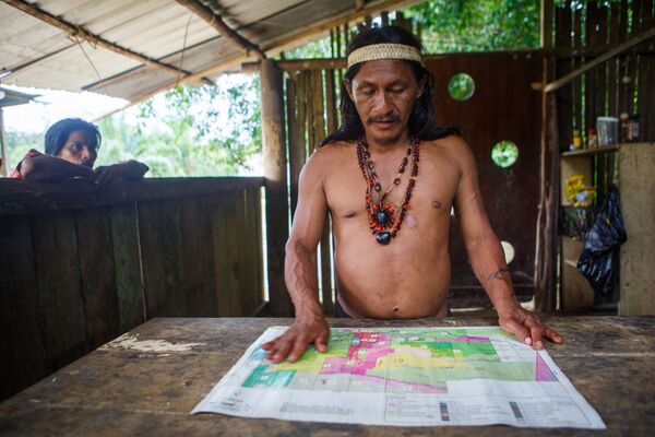Um representante da etnia huaorani consulta mapa do território Um representante da etnia huaorani consulta mapa do território - Sputnik Brasil