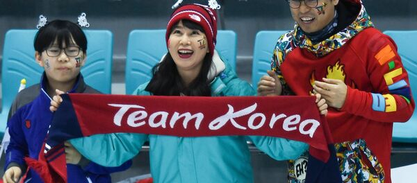 Torcedores apoiam a seleção conjunta de hóquei no gelo formada por jogadoras norte e sul-coreanas nos Jogos Olímpicos de 2018 - Sputnik Brasil