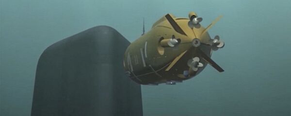 Imagem do novo drone submarino russo mostrada durante a mensagem anual de Vladimir Putin à Assembleia Federal Rússia - Sputnik Brasil