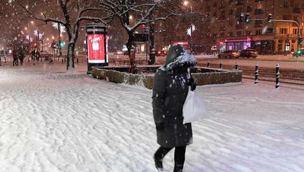 Uma foto tirada em 5 de fevereiro de 2018 mostra um pedestre caminhando na rua coberto de neve na capital polonesa, Varsóvi - Sputnik Brasil