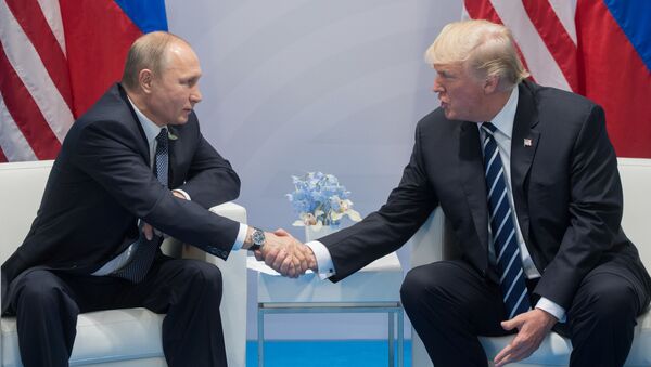 O presidente da Rússia, Vladimir Putin, e seu homólogo estadunidense, Donald Trump, falam nas margens da cúpula do G20, na Alemanha, em 2017 - Sputnik Brasil
