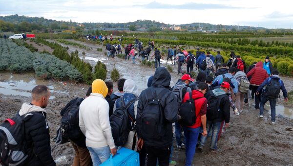 Refugiados atravessam fronteira em Zakany, Hungria, 16 de outubro de 2015 - Sputnik Brasil