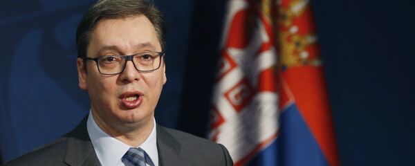 O então primeiro-ministro da Sérvia, Aleksandar Vucic, durante conferência de imprensa na cidade de Belgrado, na Sérvia. - Sputnik Brasil