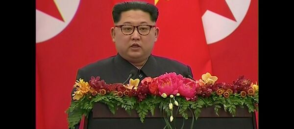 O líder norte-coreano Kim Jong Un fala durante um banquete em Pequim, China O líder norte-coreano Kim Jong Un fala durante um banquete em Pequim, China - Sputnik Brasil