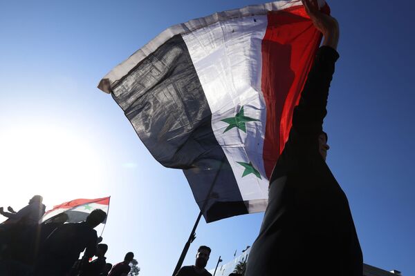 Participantes de uma manifestação contra os ataques aéreos da coalizão internacional na Síria agitam bandeiras da República Árabe da Síria - Sputnik Brasil