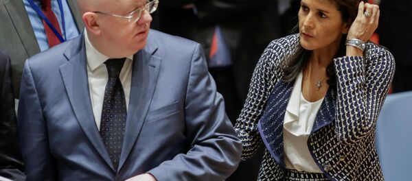 United States Ambassador to the United Nations Nikki Haley and Russian Ambassador to the United Nations Vasily Nebenzya are seen before the United Nations Security Council meeting on Syria at the U.N. headquarters in New York, U.S., April 13, 2018 - Sputnik Brasil