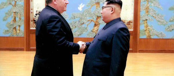 Diretor da CIA, Mike Pompeo, cumprimenta o presidente da Coreia do Norte, Kim Jong-un, em Pyongyang Diretor da CIA, Mike Pompeo, cumprimenta o presidente da Coreia do Norte, Kim Jong-un, em Pyongyang - Sputnik Brasil