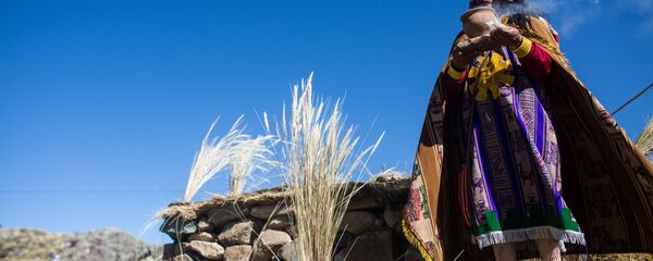 Um indígena peruano, vestido como um rei inca, faz uma oferenda durante a cerimônia Chaccu, um ajuntamento anual de vicunhas, na Reserva Nacional de Pampa Galeras, Peru, 24 de junho de 2015 - Sputnik Brasil