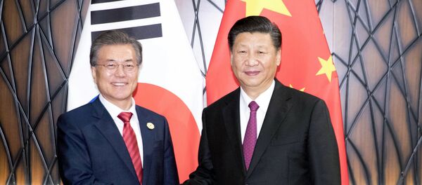 Moon Jae-in (à esquerda), presidente da Coreia do Sul aperta a mão de Xi Jinping (à direita), presidente da China durante encontro do Fórum de Cooperação Econômica Ásia-Pacífico (APEC). Moon Jae-in (à esquerda), presidente da Coreia do Sul aperta a mão de Xi Jinping (à direita), presidente da China durante encontro do Fórum de Cooperação Econômica Ásia-Pacífico (APEC). - Sputnik Brasil
