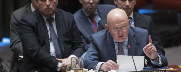 Embaixador da Rússia na ONU, Vassily Nebenzia, fala durante um encontro do Consleho de Segurança da ONU, em 18 de Abril de 2018. - Sputnik Brasil