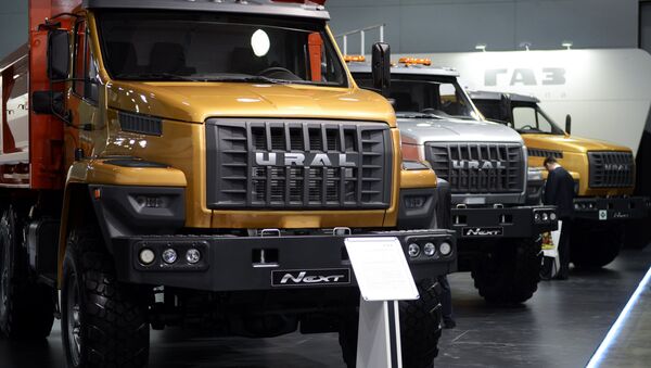 Caminhões GAZ Group UEX NEXT, exibidos na exposição Construction Equipment and Technologies em Moscou. - Sputnik Brasil