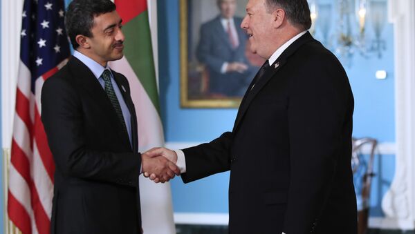 Secretário de Estado dos EUA, Mike Pompeo, à direita, em encontro com o ministro de Relações Exteriores dos Emirados Árabes Unidos, Sheikh Abdullah bin Zayed Al Nahyan. O encontro foi realidado no Departamento de Estado, em Washington, no dia 14 de maio de 2018. - Sputnik Brasil